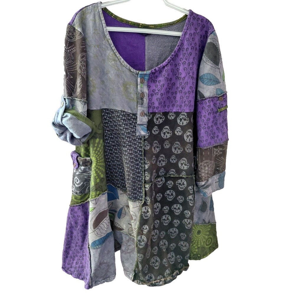 Fair Trade Gringo Roll Tab Sleeve Midi Dress Garden Goth Size XL 100% Cotton